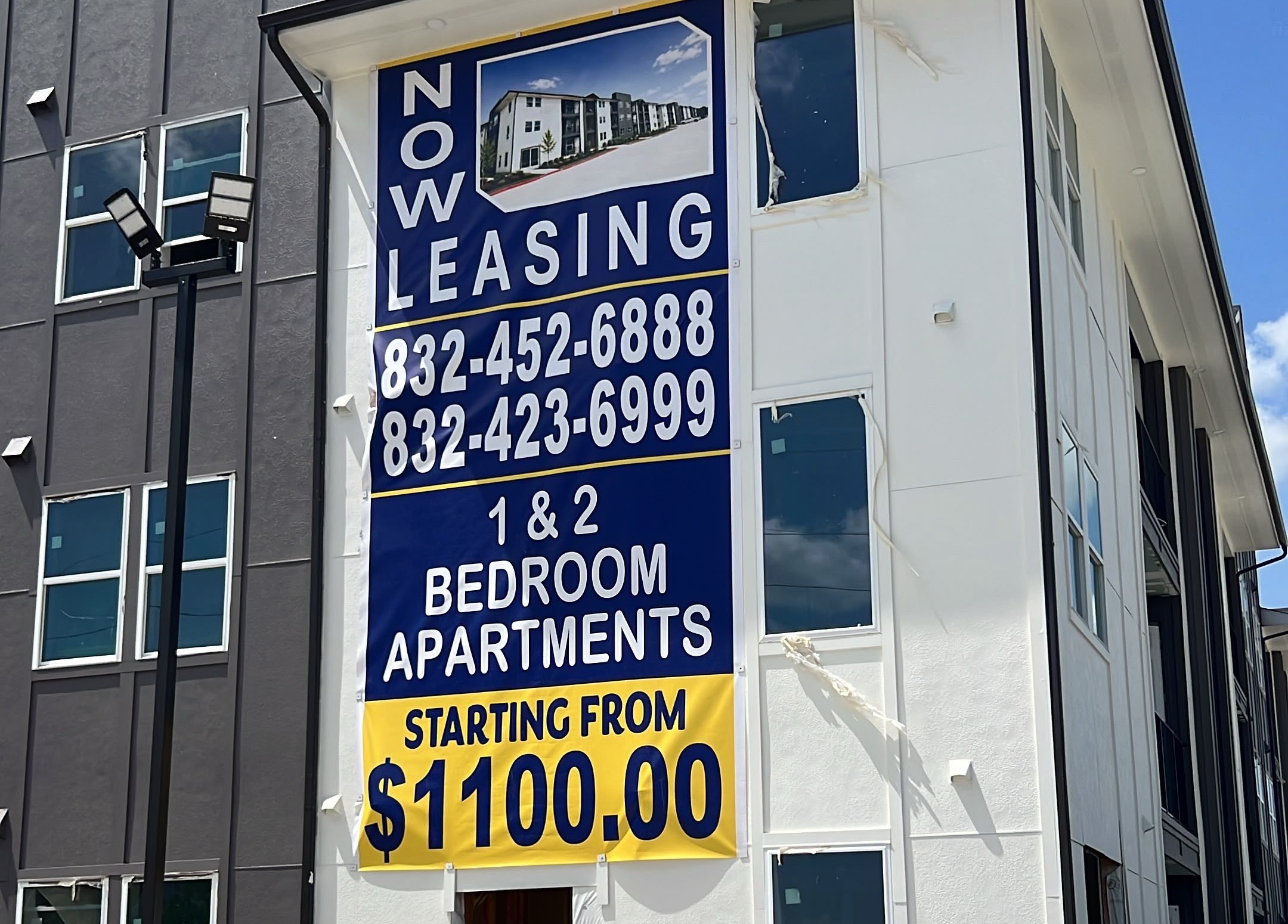 Now Leasing banner on-site at Apartments @ McKaskle